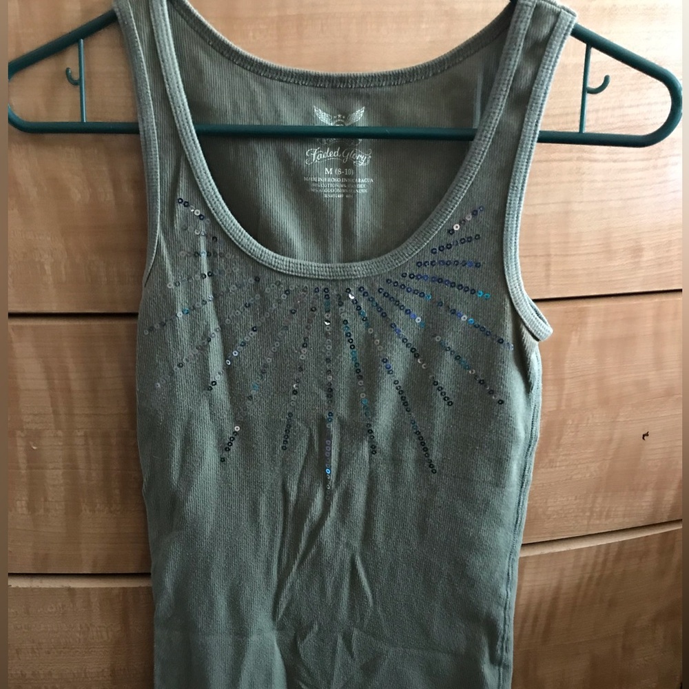 Olive Green Sequin Tank Top - Ladies Casual Scoop Neck size 6-8